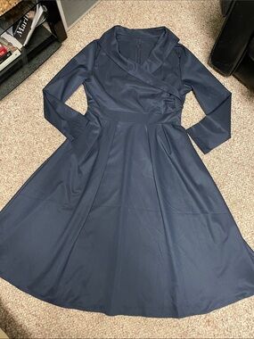 Pin up couture vintage 50s look Classic Navy Wrap-Style Fit & Flare Dress